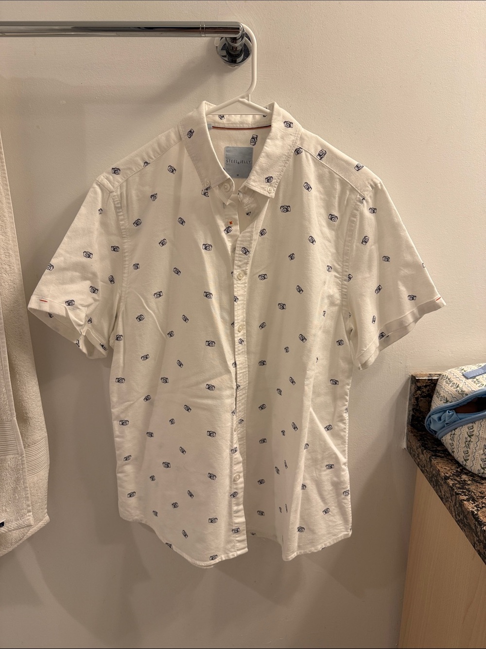 Short-Sleeve White Button-Down Shirt with Navy Micro Print